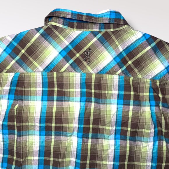 Browning Short Sleeve Western Plaid Shirt Green Blue Brown Snap Size Medium - Picture 6 of 7